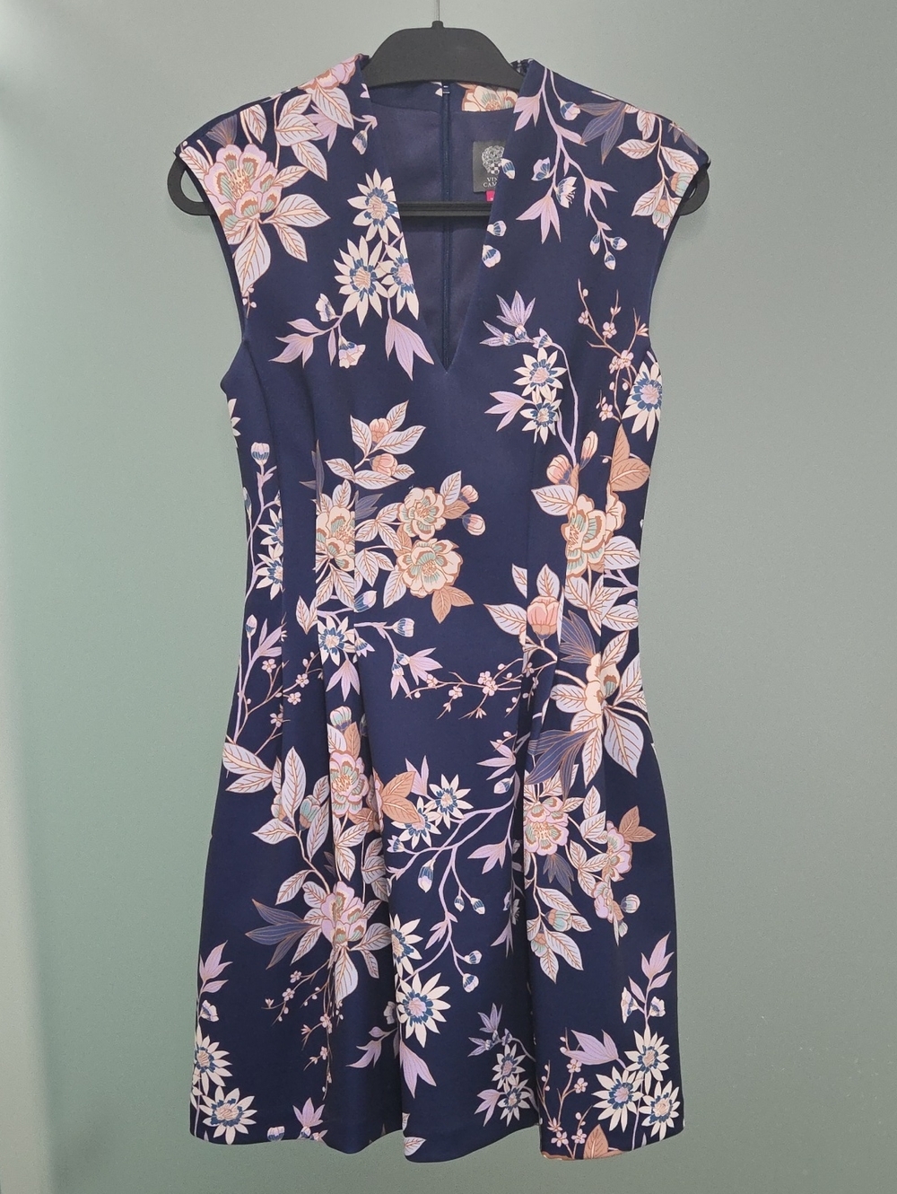 Vince Camuto Navy Floral Fit-and-Flare Dress with Pink Accents